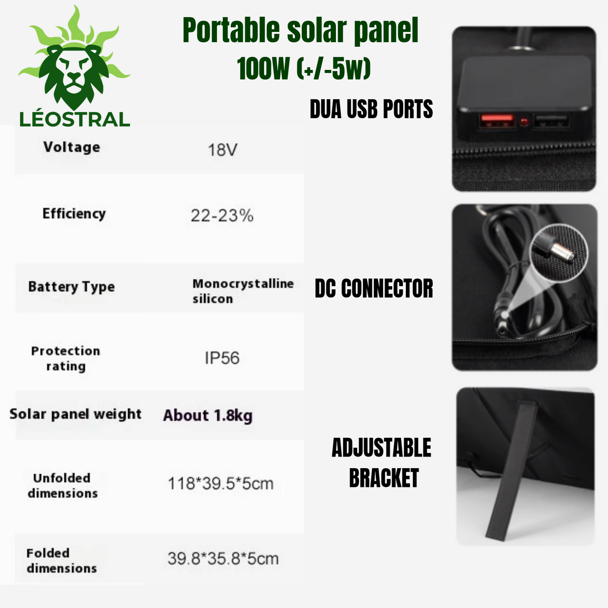 Panneau solaire portable 100 W LÉOSTRAL pour le camping, la van-life et l'autonomie électrique