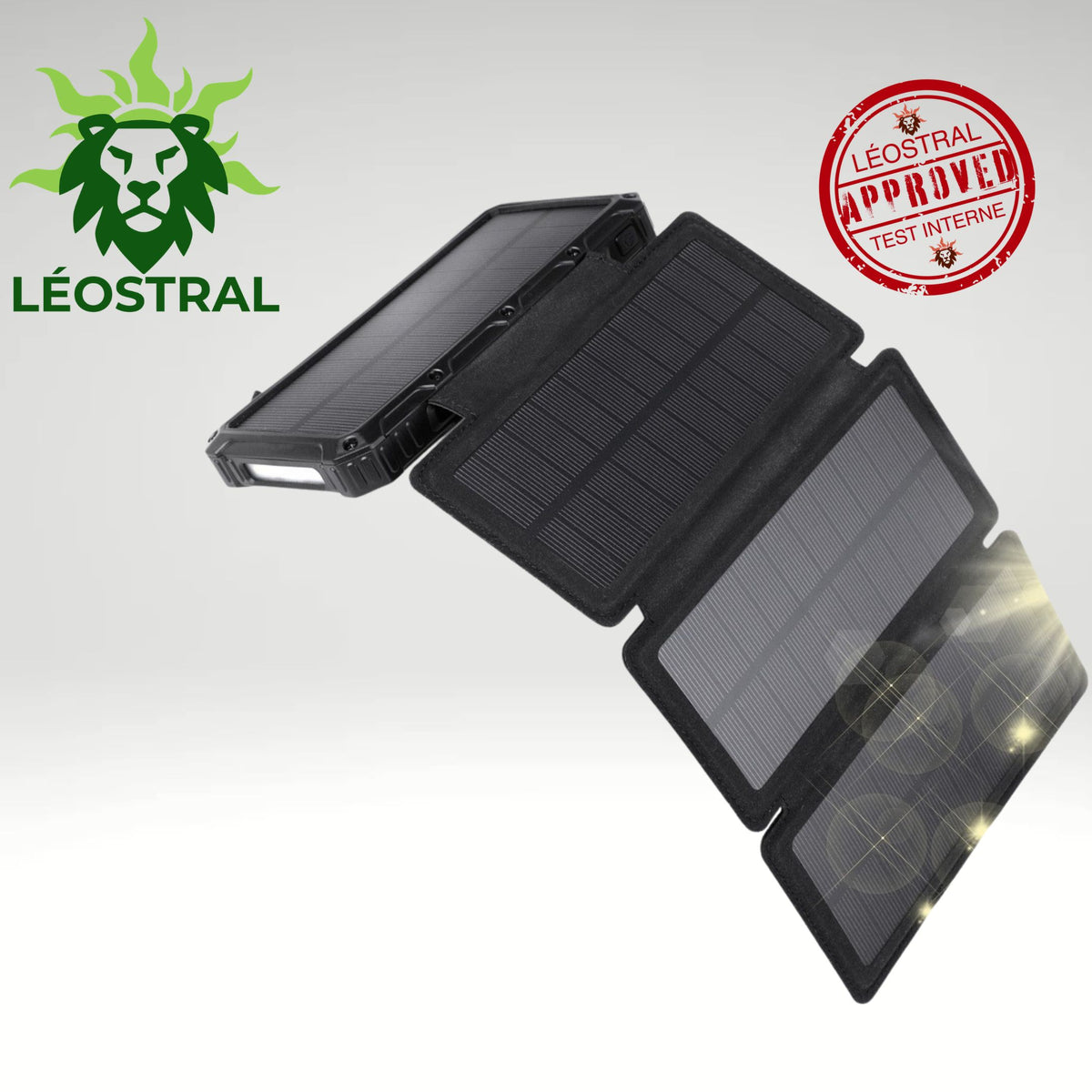 Batterie externe solaire 20 000 mAh LÉOSTRAL avec 4 panneaux solaires pliables et lampe LED