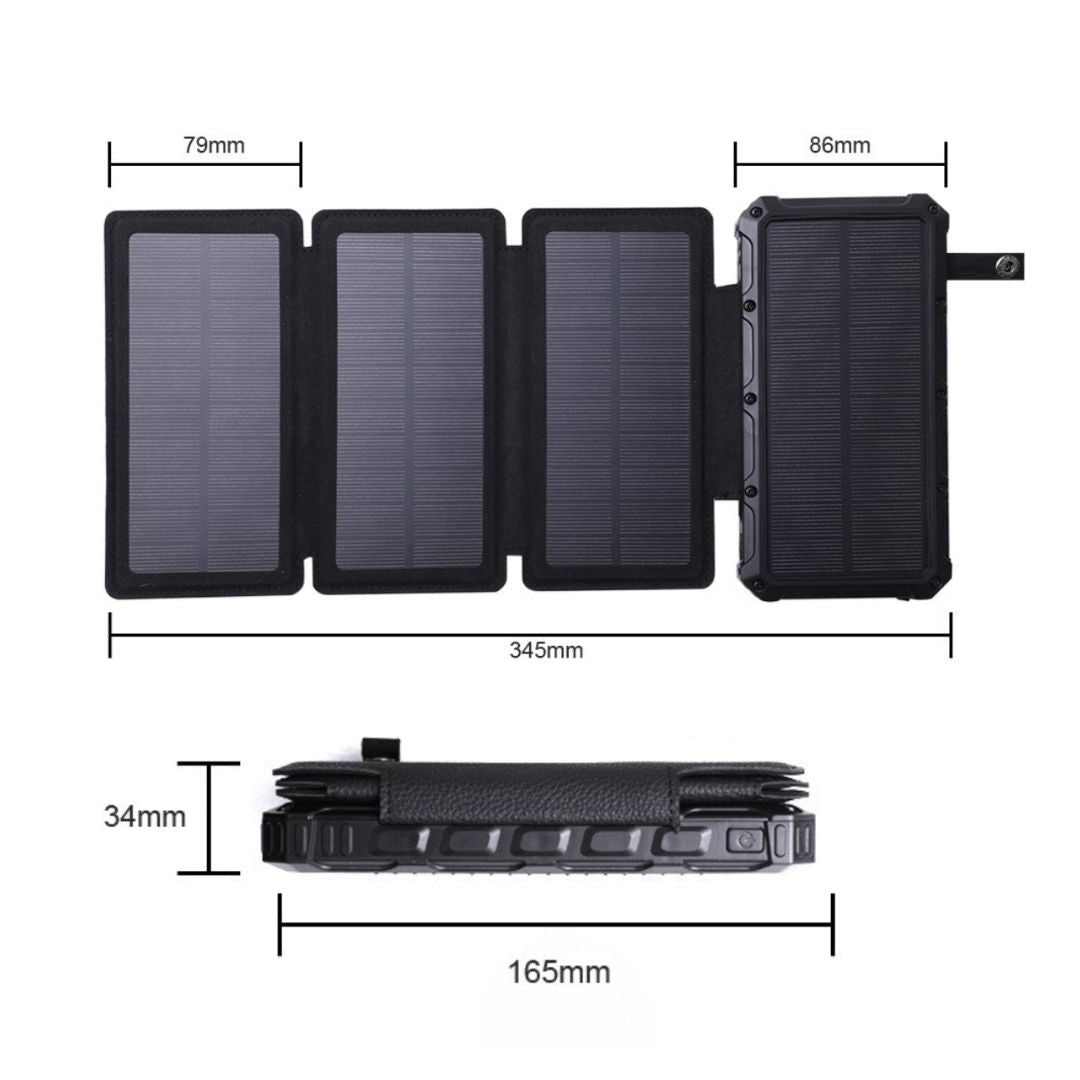 Schéma des dimensions de la batterie externe solaire 20 000 mAh LÉOSTRAL dépliée (345 mm) et repliée (165 × 34 mm)
