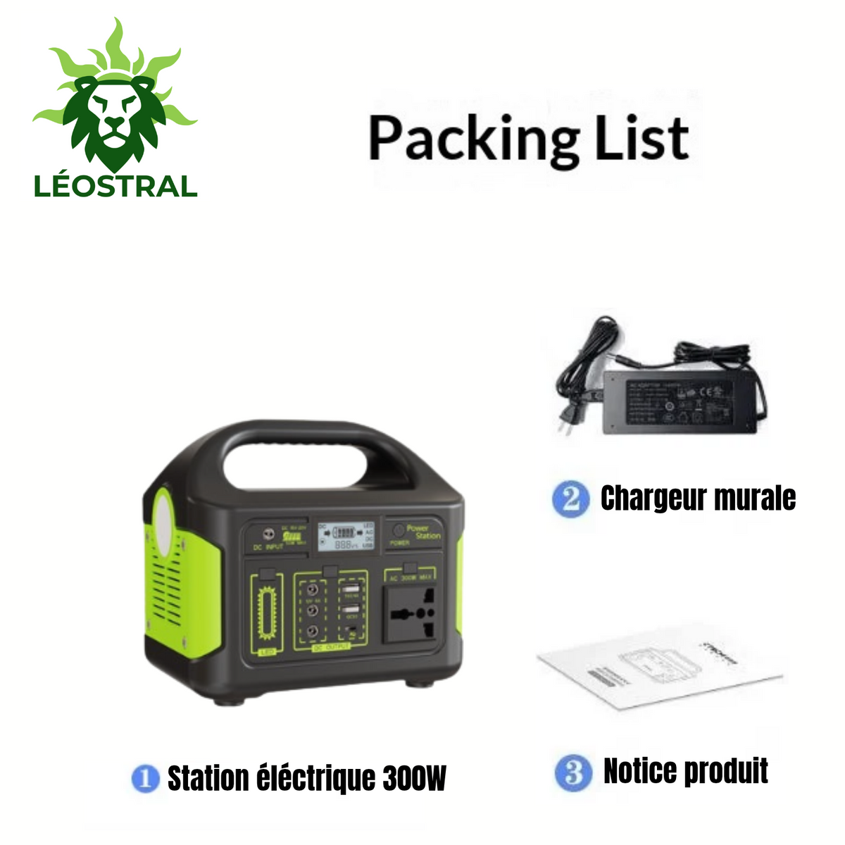 Contenu du pack de la station électrique 300W LÉOSTRAL incluant le générateur portable 256Wh, le chargeur mural et la notice d'utilisation