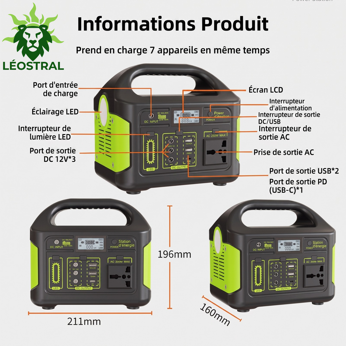 Schéma technique de la station électrique portable 300W LÉOSTRAL détaillant ses dimensions (211x196x160mm) et ses 7 sorties (AC, USB, USB-C PD, DC et LED)