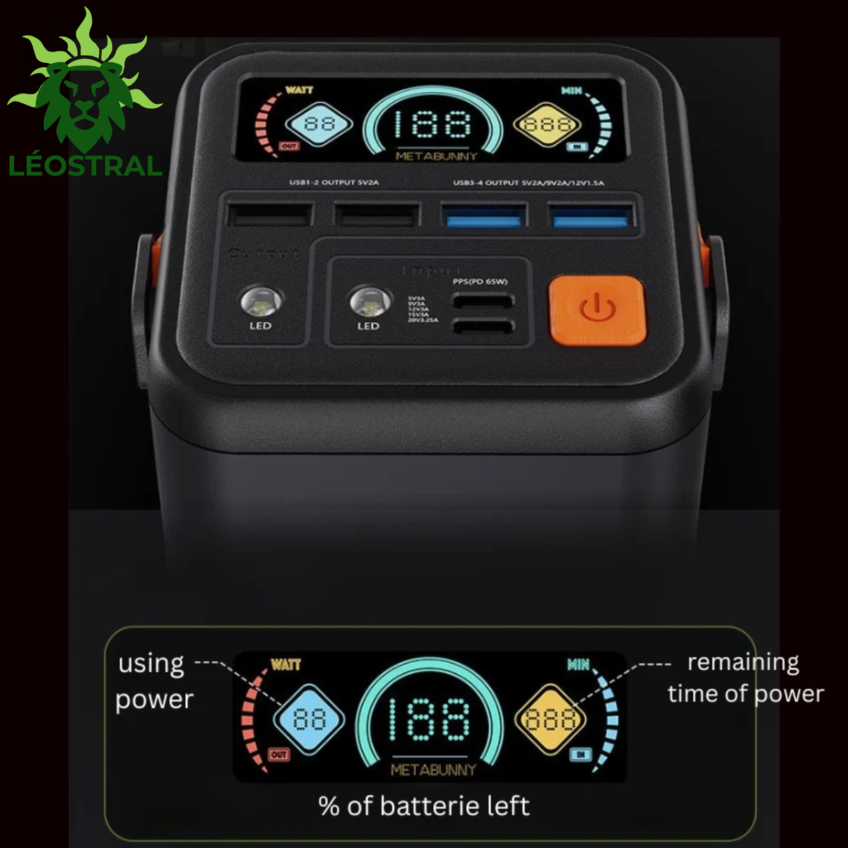 Détail du panneau de contrôle et de l'écran LCD de la batterie externe 60000mAh LÉOSTRAL, affichant la puissance en Watts, le pourcentage de charge et le temps restant
