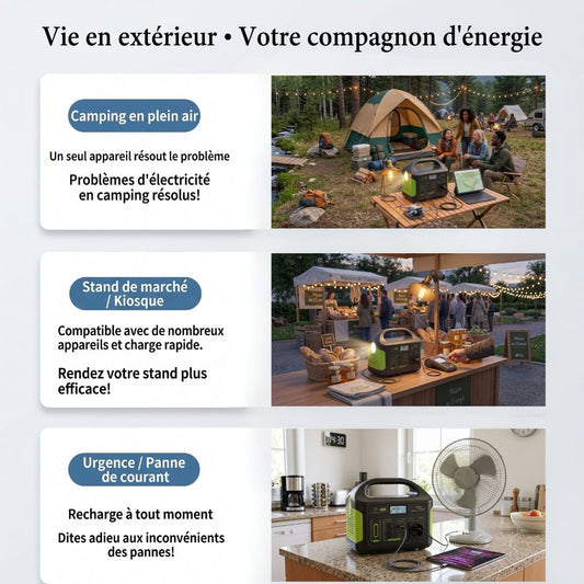 Exemples d'utilisation de la station électrique portable 300W LÉOSTRAL : en camping plein air, sur un stand de marché outdoor et en secours lors d'une panne de courant à la maison